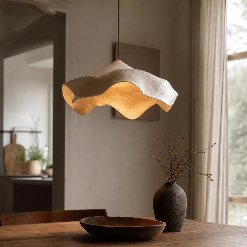 A sculptural pendant light glowing warmly over a wooden table