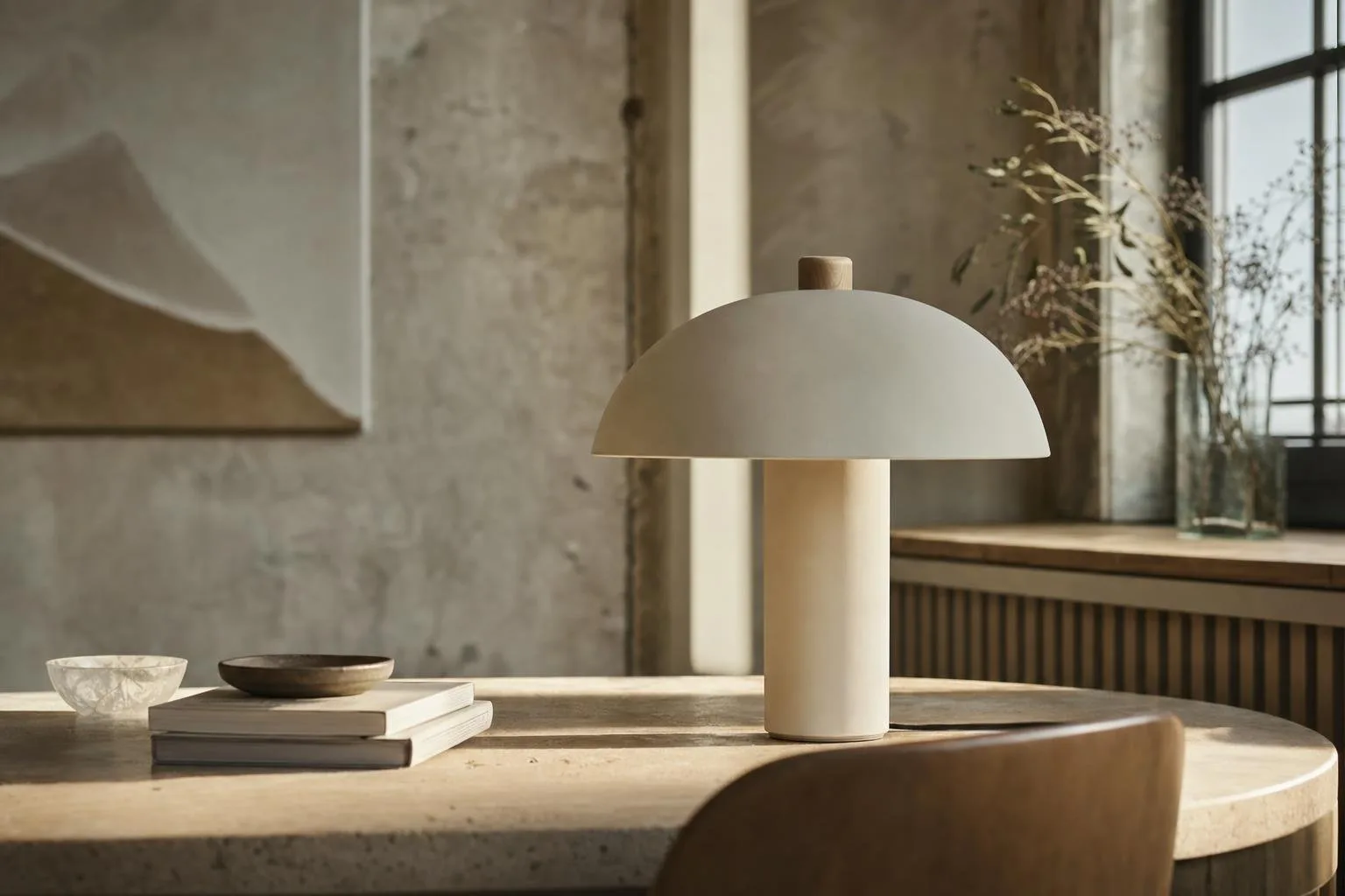 Warm, sunlit living room with a sculptural pendant light and floor lamp